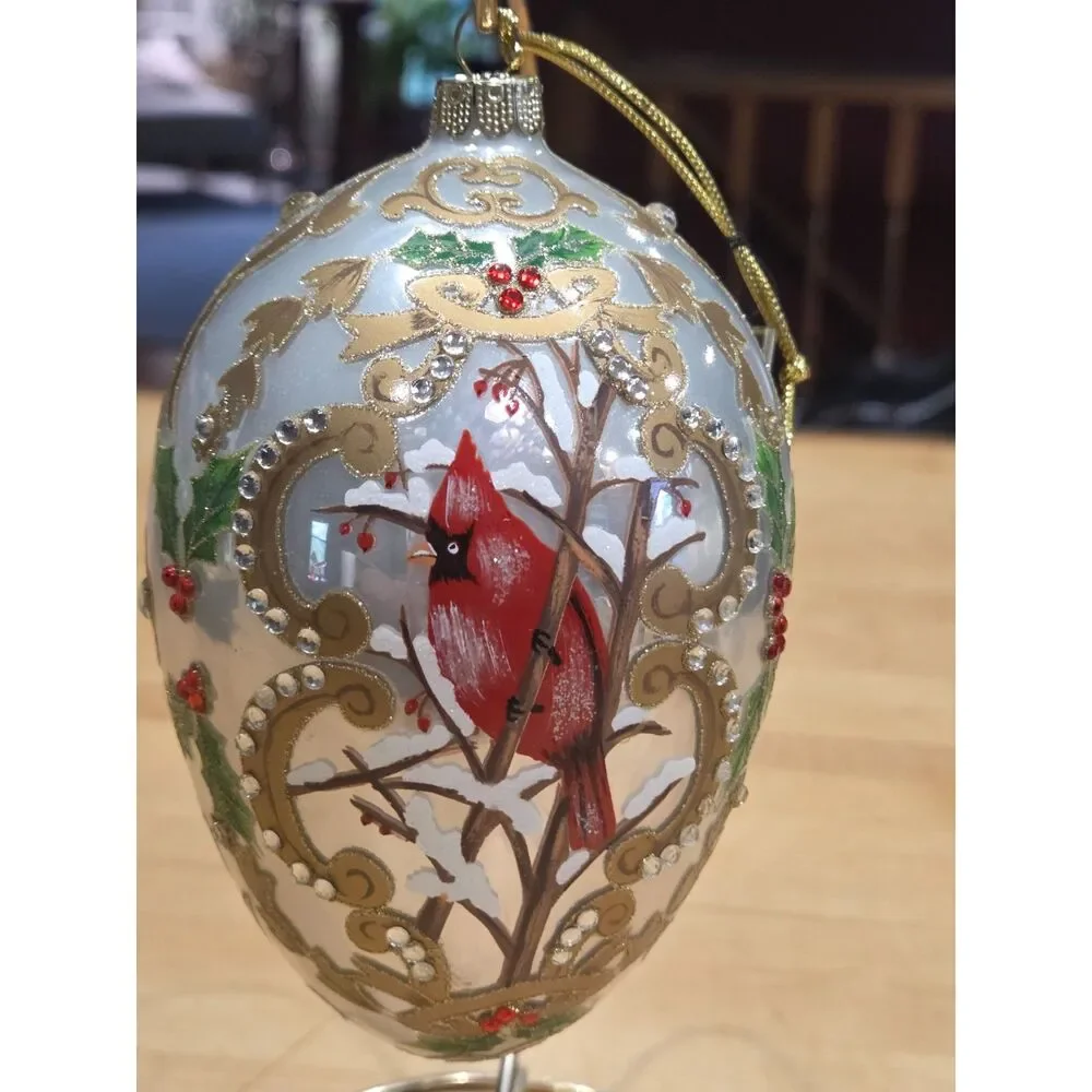 Vintage Glass Egg Christmas Ornament Red Cardinal Holly Jeweled Gold Filigree